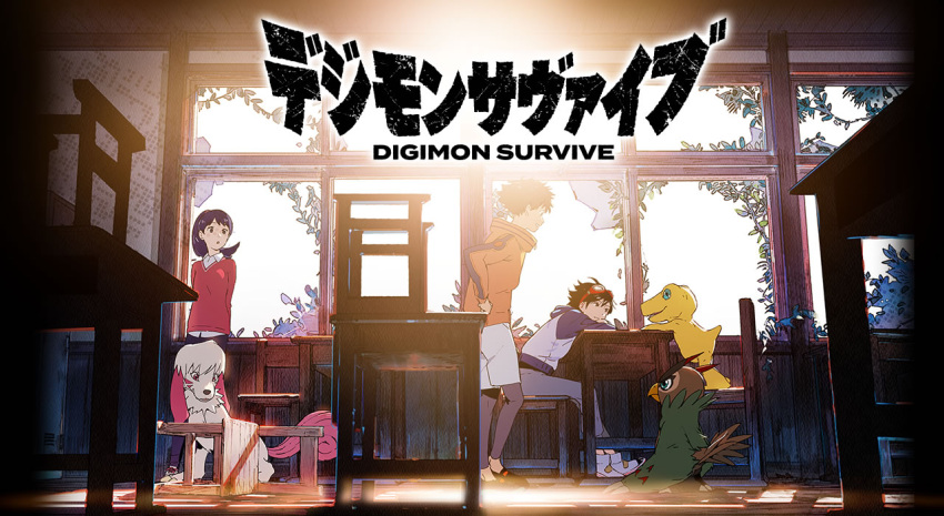 1girl 2boys :o agumon arms_behind_back beak bird black_eyes black_footwear black_hair black_legwear black_pants black_shirt blue_eyes blue_hair blue_jacket broken_window brown_eyes chair classroom claws collared_shirt creature day desk digimon digimon_(creature) digimon_survive dog facial_mark falcomon feathers fur goggles goggles_on_head green_eyes green_footwear grey_pants grey_shorts hand_on_hip hood hooded_jacket hyuuga_minoru indoors jacket key_visual labramon leggings logo looking_at_another momotsuka_takuma multiple_boys official_art open_mouth orange_jacket pants print_jacket red-framed_eyewear red_eyes red_vest school school_chair school_desk shibuya_aoi shirt shoes shorts sitting smile sneakers spiked_hair standing standing_on_chair sunlight tail teeth tongue ukumo_uichi vest vest_over_shirt white_footwear white_jacket white_shirt zipper_pull_tab