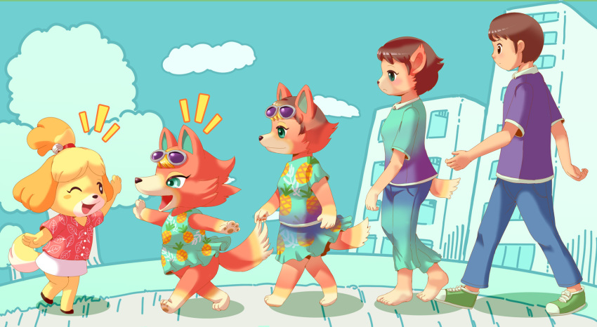 2020 animal_crossing anthro audie_(animal_crossing) blush bottomwear brown_hair canid canine canis clothing domestic_dog duo edmol eyewear female footwear gender_transformation hair hi_res human human_to_anthro isabelle_(animal_crossing) male mammal mtf_transformation nintendo outside pants sequence shirt shoes shrinking side_view size_transformation skirt smile species_transformation sunglasses tf_into_fictional_character topwear transformation video_games walking wolf