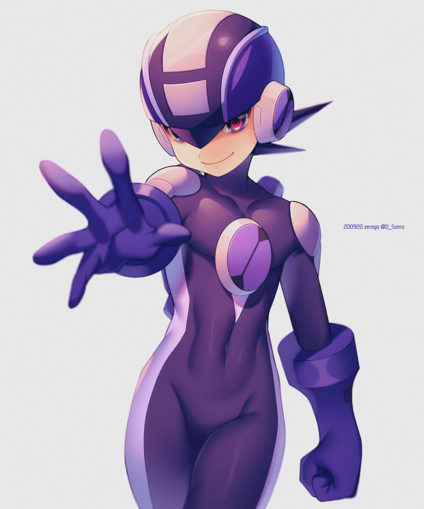 1boy arm_at_side artist_name blurry bodysuit clenched_hand closed_mouth commentary_request covered_collarbone covered_navel cowboy_shot dark_persona dated depth_of_field grey_background helmet highres male_focus outstretched_hand purple_bodysuit purple_headwear red_eyes rockman rockman_exe rockman_exe_(character) short_hair simple_background smile solo standing twitter_username zero-go