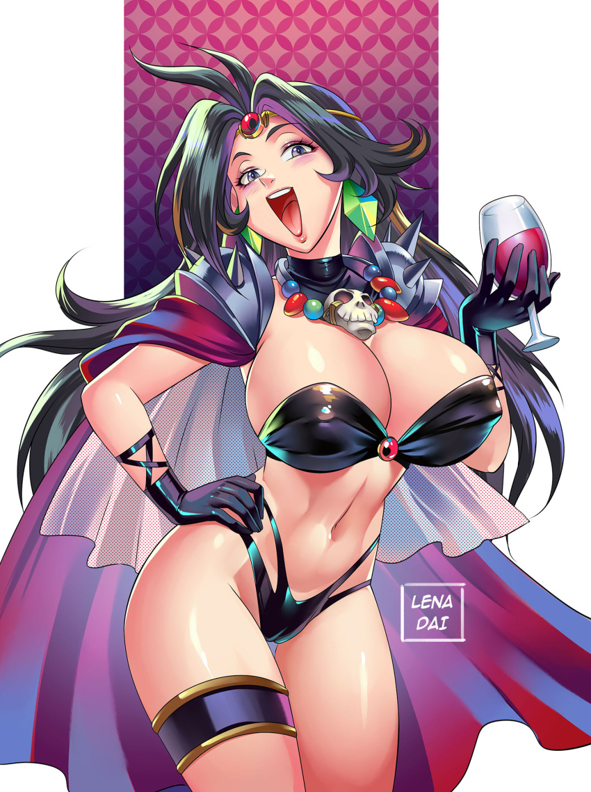 1girl armor artist_name blue_eyes blush breasts cape circlet cleavage covered_nipples crystal_earrings cup earrings gloves hair_intakes highres holding holding_cup jewelry lena_dai long_hair looking_at_viewer naga_the_serpent navel necklace open_mouth pauldrons purple_hair revealing_clothes shoulder_armor shoulder_spikes skull slayers smile solo spikes