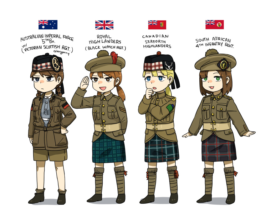 4girls anyan_(jooho) australian_flag belt beret black_footwear blonde_hair blue_eyes braid breast_pocket brown_eyes brown_hair brown_legwear english_flag english_text garrison_cap green_eyes hat highres historical kneehighs military military_uniform multiple_girls open_mouth original plaid pocket ponytail salute shorts smile twin_braids unbuttoned unbuttoned_shirt uniform world_war_i