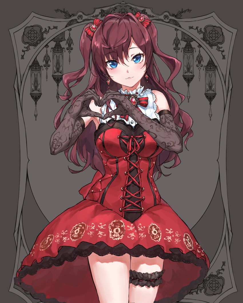 1girl :3 absurdres black_gloves blue_eyes breasts brown_hair dress earrings elbow_gloves gloves hair_ribbon heart heart_hands highres ichinose_shiki idolmaster idolmaster_cinderella_girls idolmaster_cinderella_girls_starlight_stage jewelry kohinata_(sdu0628) lace lace_gloves large_breasts long_hair red_corset red_dress red_ribbon ribbon short_dress sleeveless sleeveless_dress solo thigh_strap two_side_up wavy_hair