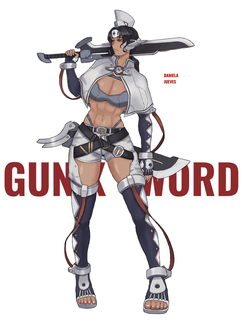 1girl belt black_belt black_hair breasts brown_eyes capelet chaps character_name chinese_commentary cleavage copyright_name dann_of_thursday dark_skin dark_skinned_female fingerless_gloves frown gloves gunxsword highres holding holding_sword holding_weapon jinri_shijie large_breasts looking_to_the_side midriff navel over_shoulder personification shorts solo sword thighhighs tied_hair toes weapon weapon_over_shoulder white_shorts