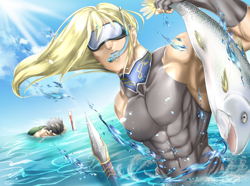 2boys abs absurdres animal asphyxiation blonde_hair blue_sky day drowning fate/grand_order fate_(series) fionn_mac_cumhaill_(fate/grand_order) fish gae_dearg_(fate) goggles highres holding holding_animal holding_fish huge_filesize lancer_(fate/zero) long_hair multiple_boys muscular muscular_male outdoors polearm sky snorkel spear sunlight wading water weapon yuttarou_029