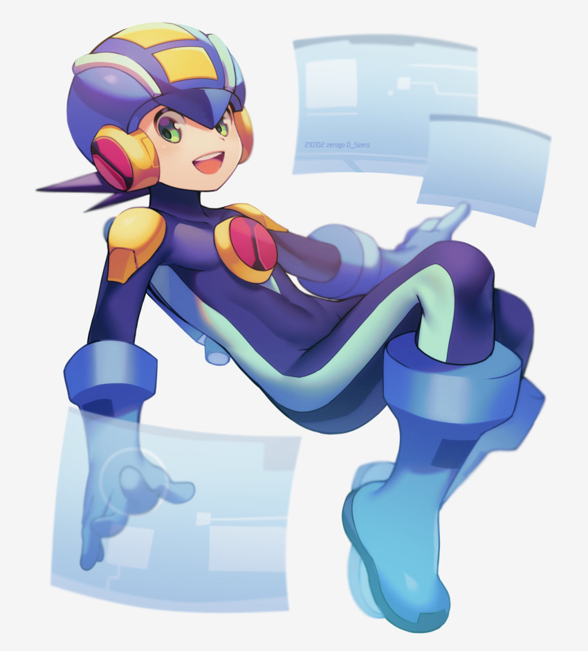 1boy :d artist_name blue_footwear blue_headwear blurry blush bodysuit boots commentary_request dated depth_of_field floating full_body green_eyes grey_background happy helmet highres male_focus netnavi open_mouth purple_bodysuit rockman rockman_exe rockman_exe_(character) screen short_hair simple_background smile solo twitter_username upper_teeth zero-go