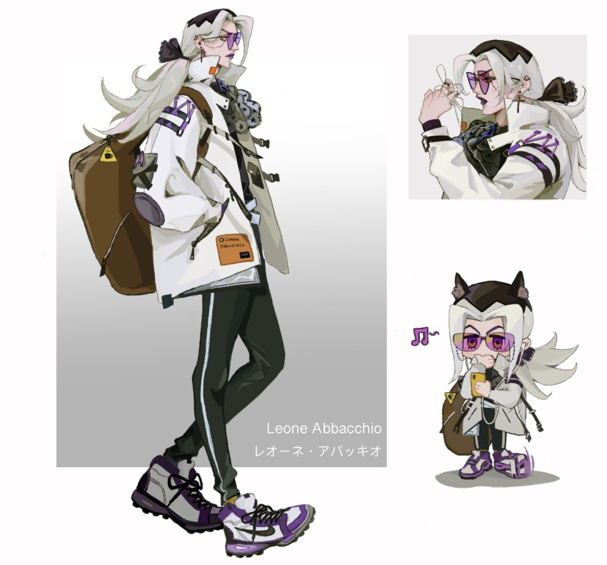 1boy animal_ears beamed_eighth_notes cat_ears cellphone character_name chibi earphones grey_eyes hair_ribbon hands_in_pockets highres jacket jojo_no_kimyou_na_bouken kemonomimi_mode leone_abbacchio long_hair male_focus musical_note phone purple_lips ribbon shoes smartphone sneakers solo sunglasses vento_aureo white_hair white_jacket xubeichaoyansuan