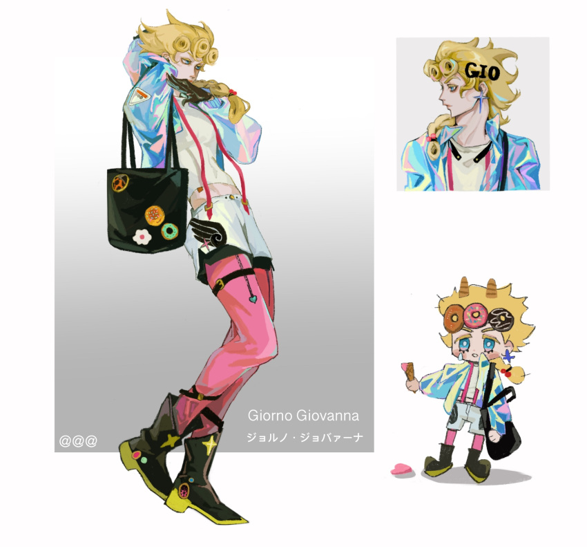 1boy bag black_footwear black_gloves blonde_hair blue_eyes boots braid character_name chibi cropped_jacket doughnut earrings food giorno_giovanna gloves hair_bobbles hair_ornament hair_over_shoulder highres horns ice_cream ice_cream_cone ice_cream_cone_spill jewelry jojo_no_kimyou_na_bouken long_hair male_focus pink_legwear pose profile shorts single_braid solo suspenders teardrop vento_aureo white_shorts xubeichaoyansuan