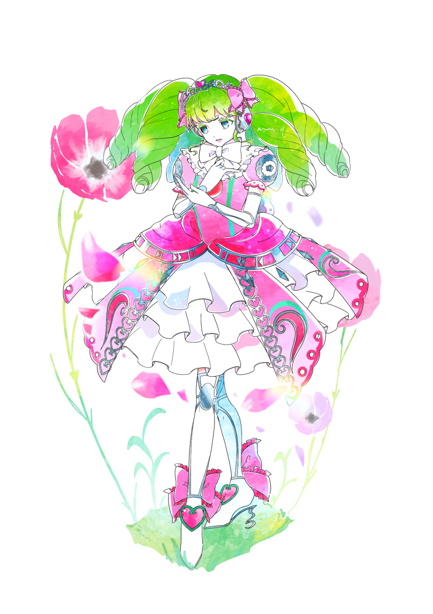 1girl absurdres blue_eyes boots bow bow_footwear bowtie crossed_legs dress drill_hair elbow_gloves falulu floral_background flower_request frilled_bow frilled_dress frills full_body gem gloves hair_bow hayasaka_megumi headphones heart high_heel_boots high_heels highres idol layered_dress lipstick long_hair looking_at_hand makeup petals pink_bow pink_dress pink_lips pretty_(series) pripara puffy_short_sleeves puffy_sleeves short_sleeves simple_background solo thigh_boots thighhighs tiara twin_drills twintails white_background white_bow white_dress white_footwear white_neckwear