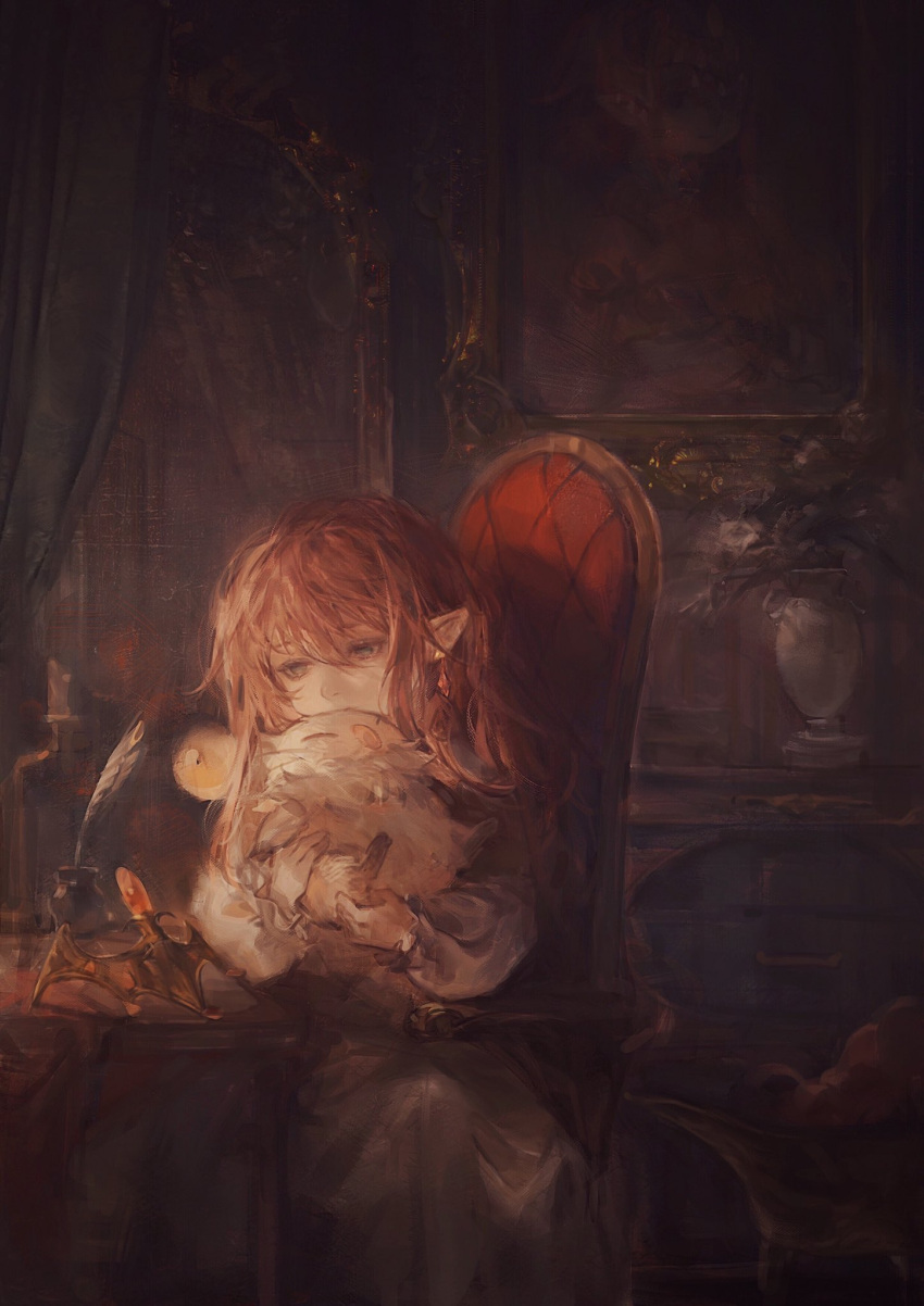 1girl brown_hair chair curtains dress final_fantasy final_fantasy_xiv hair_down highres ink_bottle lalafell moogle nanamo_ul_namo nightgown plant pointy_ears portrait portrait_(object) quill room sitting sukiri tiara tiara_removed vase