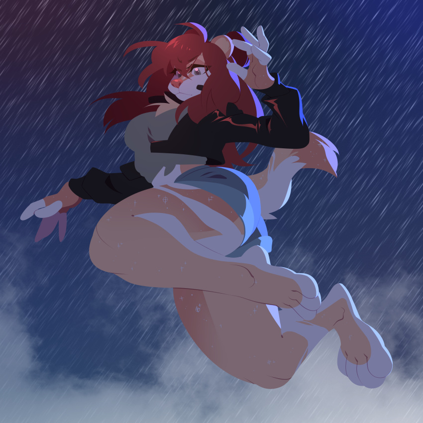 1:1 absurd_res anthro biped bottomwear breasts chest_tuft clothed clothing felid feline female fully_clothed fur hair hi_res jacket long_hair looking_down mammal outside raining shorts solo takiminada topwear tuft