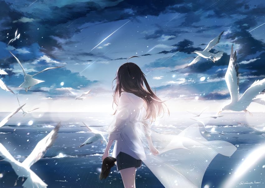 1girl absurdres ahoge bird black_shorts brown_hair cloud commentary_request facing_away floating_cape highres holding holding_shoes hood hooded_jacket horizon jacket lens_flare long_hair medium_hair meteor ocean original scenery seagull see-through sena_tea29 shoes shorts sky sleeves_rolled_up solo standing star_(sky) white_bird white_jacket