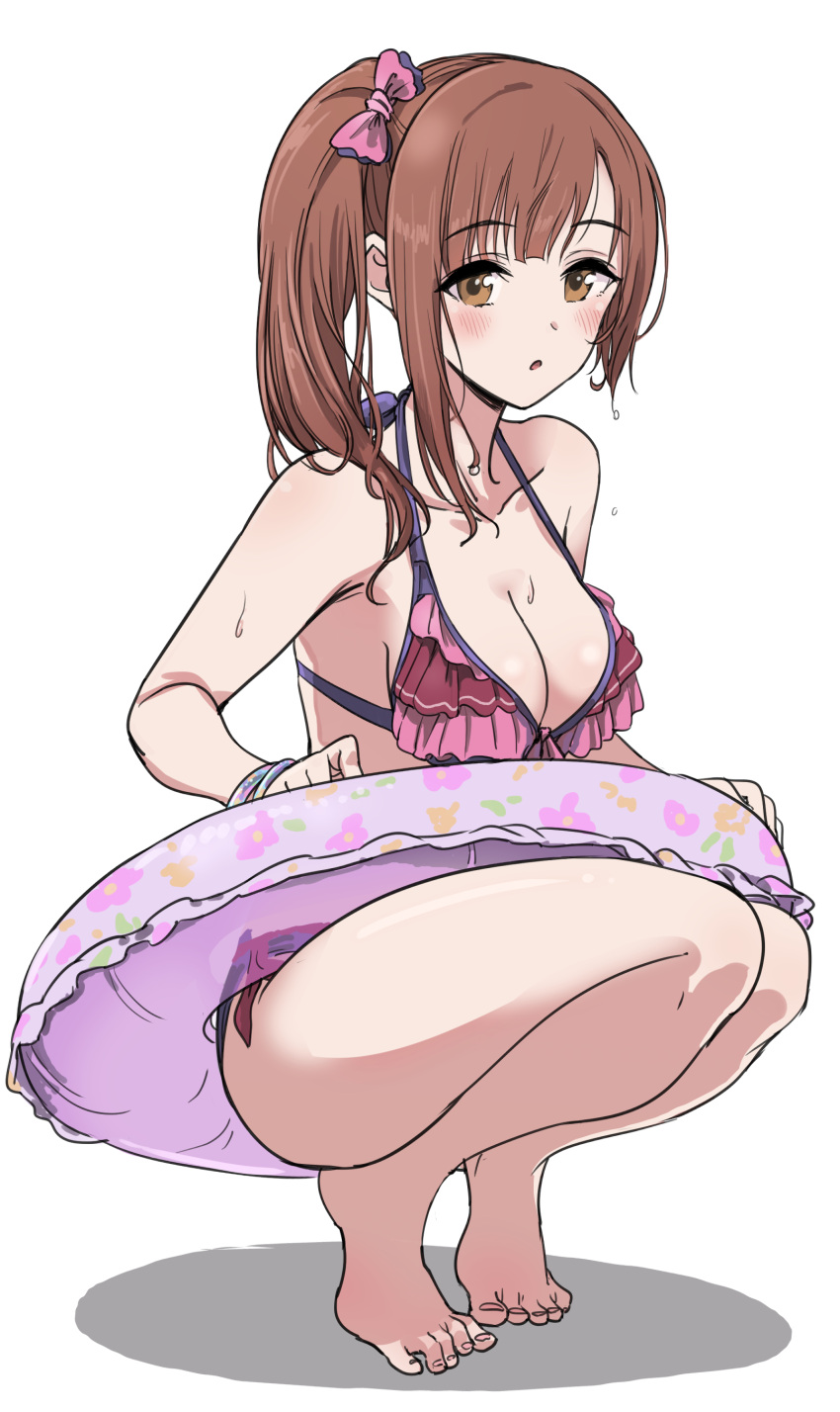1girl :o absurdres bangs bare_arms bare_legs bare_shoulders barefoot bikini blush bow breasts brown_eyes brown_hair cleavage collarbone commentary_request eyebrows_visible_through_hair full_body hair_bow highres idolmaster idolmaster_cinderella_girls igarashi_kyouko innertube medium_breasts parted_lips pink_bow pizzasi red_bikini shadow side-tie_bikini side_ponytail solo squatting swimsuit tiptoes wet wet_hair white_background