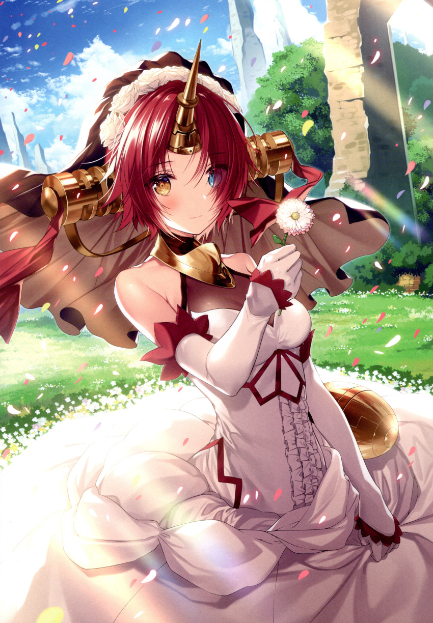 1girl absurdres bangs bare_shoulders blue_eyes blue_sky blush breasts brown_eyes closed_mouth cloud cloudy_sky dress elbow_gloves fate/grand_order fate_(series) flower frankenstein's_monster_(fate) frills gloves grass heterochromia highres holding horns huge_filesize long_hair looking_at_viewer medium_breasts necomi petals red_hair scan shiny shiny_hair short_hair simple_background single_horn sky sleeveless solo sunlight veil