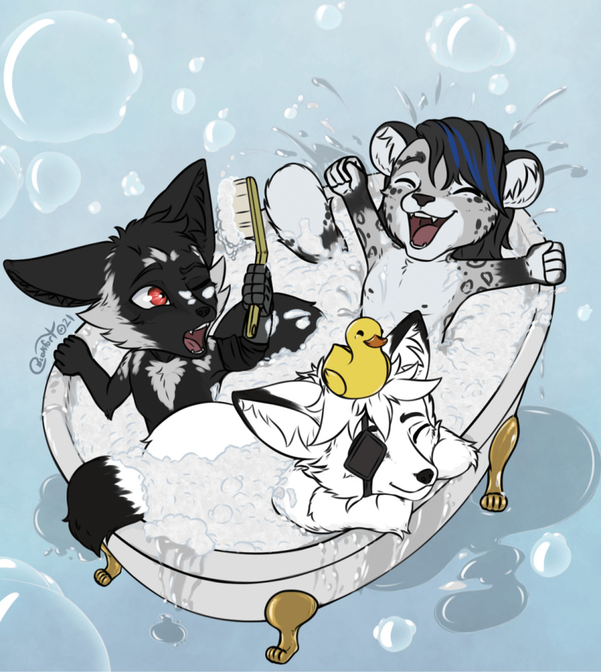 2021 arctic_fox bath bathtime blokfort brush bubble canid canine chibi clothed clothing felid fox group happy hi_res leopard male mammal nude open_mouth pantherine rubber_duck shocked topless