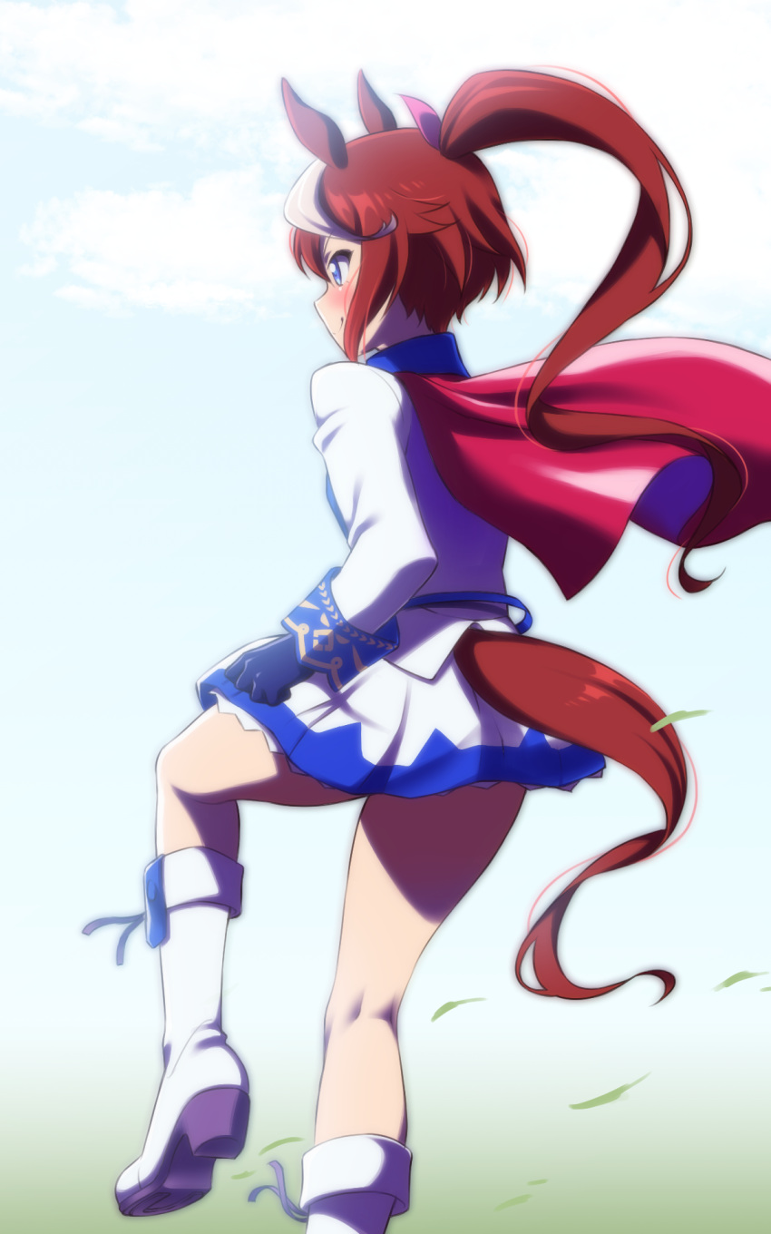 1girl animal_ears blue_eyes blue_gloves blue_sky blush boots brown_hair closed_mouth cloud commentary_request day from_behind gloves highres horse_ears horse_girl horse_tail jacket long_sleeves looking_away multicolored_hair outdoors pleated_skirt ponytail profile shirihime shoe_soles skirt sky smile solo standing standing_on_one_leg streaked_hair tail tokai_teio umamusume white_footwear white_hair white_jacket white_skirt