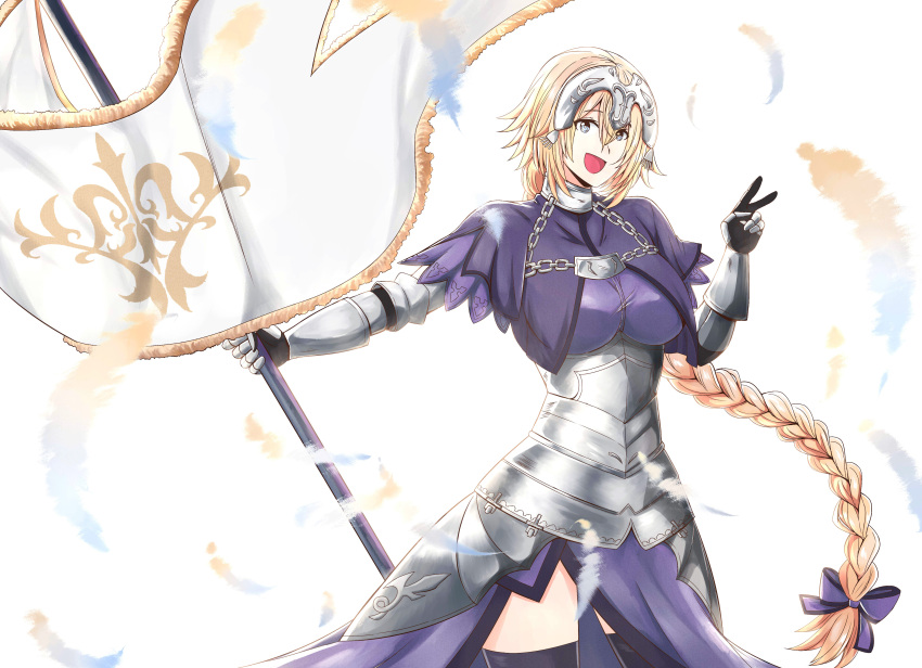 absurdres armor backlighting blonde_hair blue_eyes breasts chain fate/grand_order fate_(series) feathers hair_between_eyes headpiece highres jeanne_d'arc_(fate) jeanne_d'arc_(fate)_(all) large_breasts long_braid smile standard_bearer thighhighs thighs untold v white_background