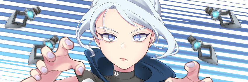 1girl blue_eyes blue_jacket collar_up floating floating_hair floating_object floating_weapon hair_behind_ear highres jacket jett_(valorant) knife kunai open_hands re_mistar solo tied_hair upper_body valorant weapon white_hair