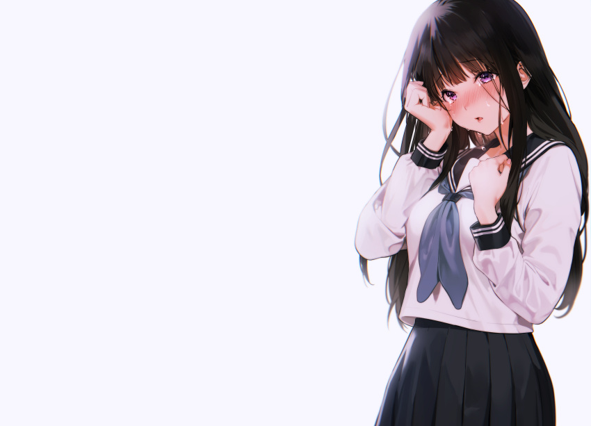 black_hair blush chitanda_eru crying hyouka long_hair mery_(apfl0515) purple_eyes school_uniform skirt tears third-party_edit white