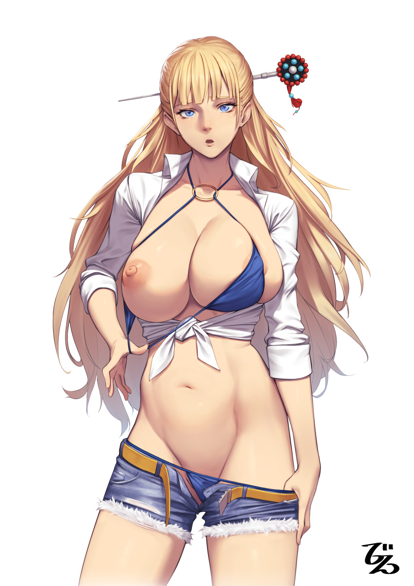 1girl absurdres areola_slip areolae beeeeen belt bikini blonde_hair blue_bikini blue_eyes breasts clothes_pull collared_shirt commentary_request cutoffs denim denim_shorts dungeon_and_fighter hair_ornament hairpin half_updo highres large_breasts looking_at_viewer navel o-ring o-ring_bikini o-ring_top one_breast_out open_mouth shirt short_shorts shorts shorts_pull sleeves_rolled_up solo standing swimsuit tied_shirt white_background white_shirt