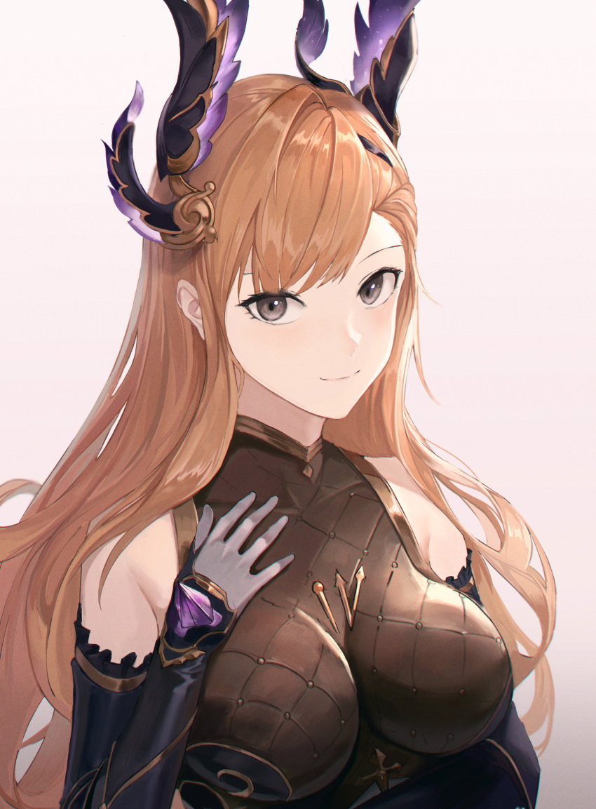 1girl absurdres alternate_costume blue_gloves bodysuit breast_hold breasts closed_mouth elbow_gloves eyebrows_visible_through_hair gloves granblue_fantasy grey_eyes hair_ornament hand_on_own_chest highres huge_filesize long_hair looking_at_viewer medium_breasts orange_hair partially_fingerless_gloves shichi_(ratorin53) smile solo song_(granblue_fantasy) white_background