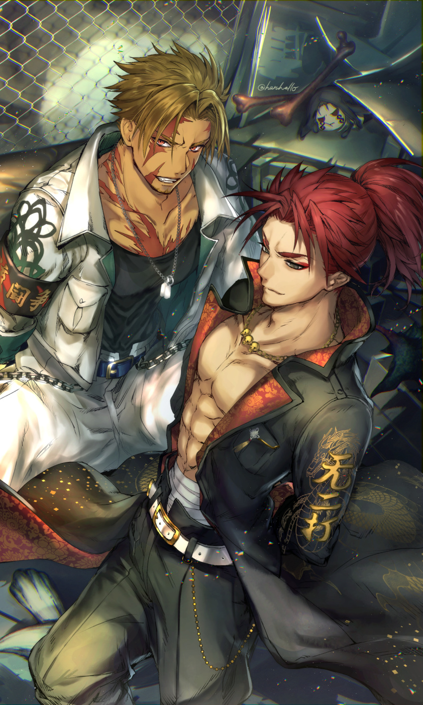 2boys abs bangs beowulf_(fate) blonde_hair bone chinese_clothes commentary_request cu_chulainn_(fate)_(all) cu_chulainn_alter_(fate/grand_order) facial_hair fate/extra fate/grand_order fate_(series) haruko_(haruhello) highres hood jacket jewelry li_shuwen_(fate) li_shuwen_(fate/grand_order) long_hair long_sleeves male_cleavage male_focus manly mini_cu-chan_(fate) multiple_boys muscular muscular_male necklace open_clothes open_jacket pants pectorals ponytail red_eyes red_hair scar smile tank_top teeth toned toned_male
