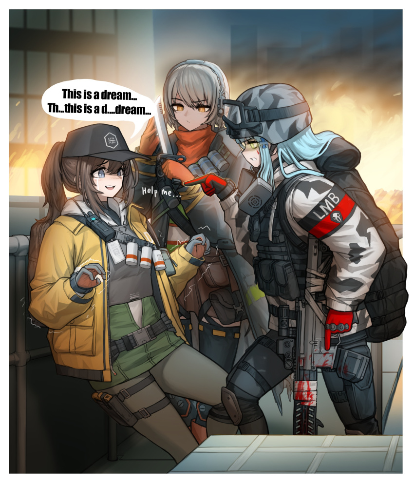 3girls absurdres acog assault_rifle bandolier cheogtanbyeong cleaners combat_knife commentary deele_(girls_frontline) dima_(girls_frontline) duct_tape english_text explosive gas_mask genderswap genderswap_(mtf) girls_frontline gloves goggles goggles_on_headwear grenade gun h&amp;k_hk416 helmet highres hk416_(fang)_(girls_frontline) hk416_(girls_frontline) knife last_man_battalion mask_around_neck multiple_girls pointing rifle rogue_division_agent scope speech_bubble tactical_clothes thighhighs tom_clancy's_the_division trigger_discipline vector_(girls_frontline) vector_(hellfire)_(girls_frontline) weapon winter_uniform
