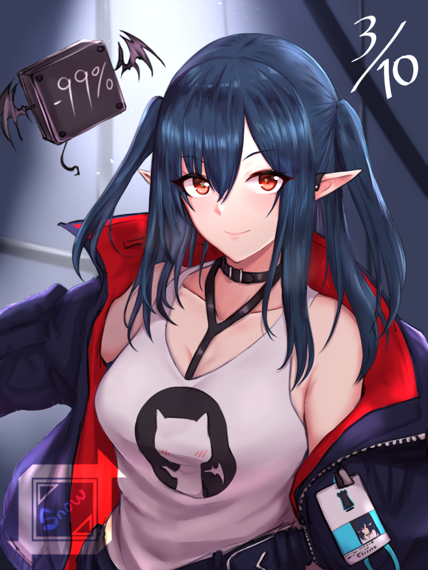 1girl arknights artist_name bangs bare_shoulders belt black_choker black_hair black_jacket breasts chinese_commentary choker closure_(arknights) collarbone dated github hair_between_eyes highres jacket long_hair long_sleeves name_tag open_clothes open_jacket pointy_ears red_eyes shirt smile snowyoooooo solo two_side_up watermark white_shirt