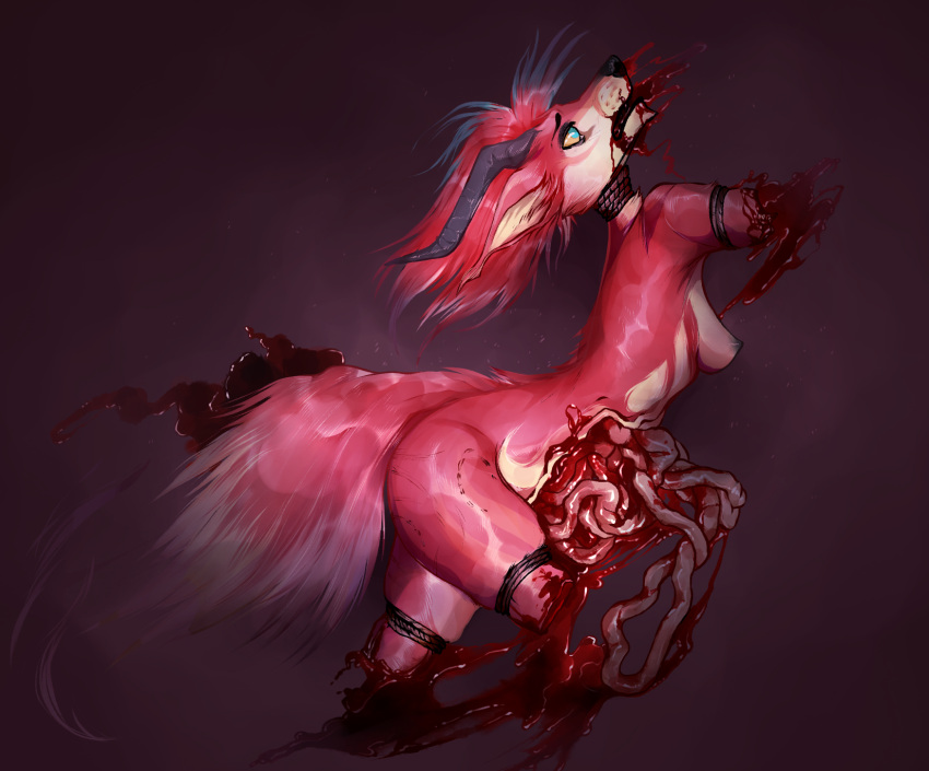 amputation amputee anthro asphyxiation blood bodily_fluids breasts canid canine corpse death disability female gore guts hi_res kolkolukija mammal organs pink_body rope small_breasts snuff solo
