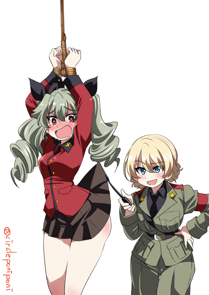 2girls absurdres anchovy_(girls_und_panzer) anchovy_(girls_und_panzer)_(cosplay) anzio_military_uniform arms_up bangs belt black_neckwear black_ribbon black_skirt blonde_hair blue_eyes blush boots braid brown_eyes commentary_request cosplay costume_switch darjeeling_(girls_und_panzer) darjeeling_(girls_und_panzer)_(cosplay) drill_hair embarrassed eyebrows_visible_through_hair frown girls_und_panzer green_hair grey_pants hair_ribbon hand_on_hip highres holding inoue_yoshihisa insignia jacket knee_boots lifted_by_another long_hair long_sleeves looking_at_another looking_at_viewer military military_uniform miniskirt multiple_girls necktie open_mouth pants pleated_skirt red_eyes red_jacket restrained ribbon riding_crop sam_browne_belt short_hair simple_background skirt skirt_lift smile st._gloriana's_military_uniform standing textless tied_hair twin_braids twin_drills twintails twitter_username uniform white_background