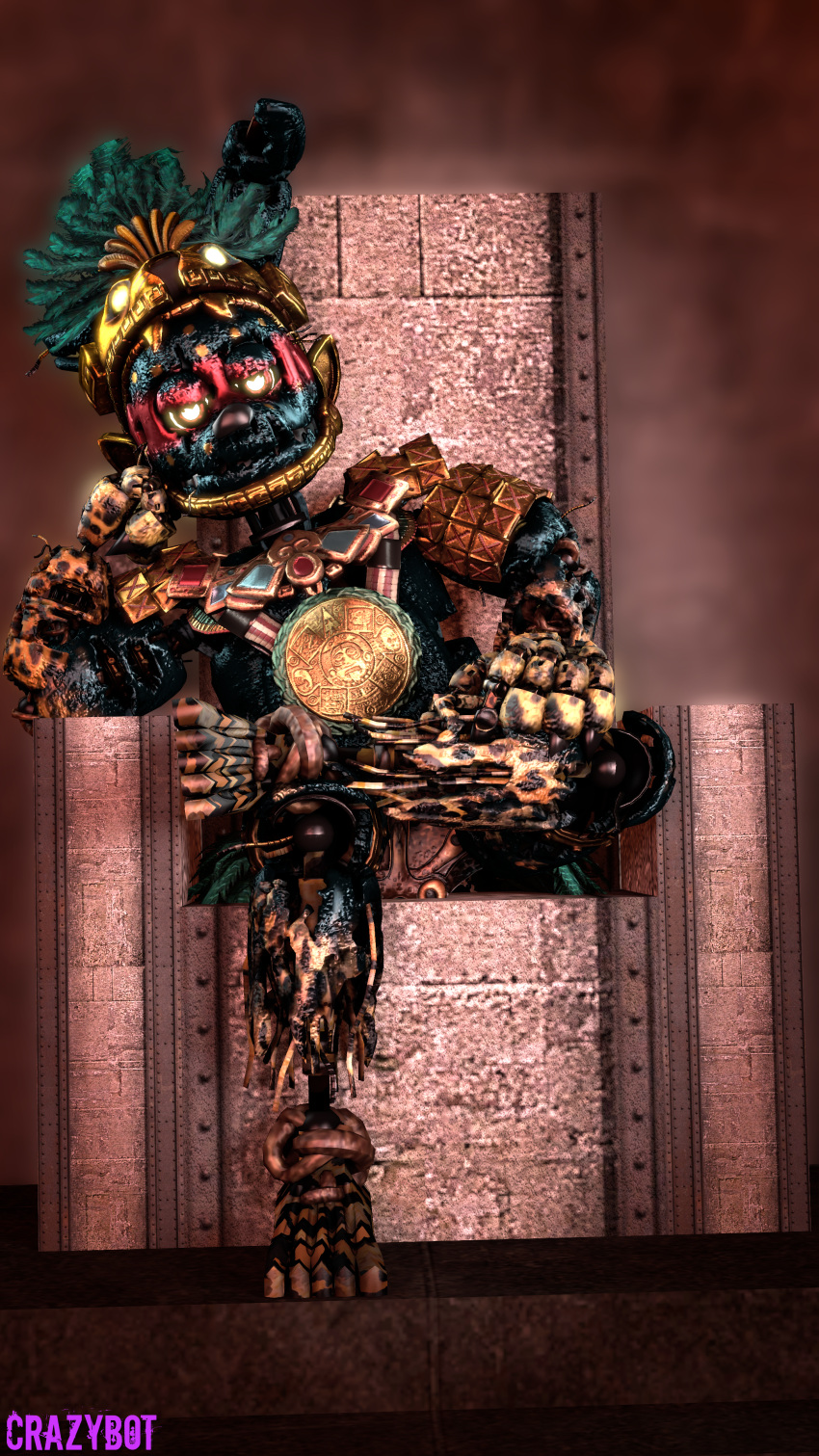 2021 3d_(artwork) absurd_res animatronic anthro armor aztec barefoot black_nose brown_background chair cosplay crazybot1231 curse_(fnaf) digital_media_(artwork) endoskeleton exposed_endoskeleton fangs feet fist five_nights_at_freddy's five_nights_at_freddy's_3 five_nights_at_freddy's_ar furniture glowing glowing_eyes gold_armor gold_headdress gold_headgear gold_helmet half-closed_eyes hand_on_face hand_on_head headdress headgear helmet hi_res huitzilopochtli lagomorph leporid looking_at_viewer machine male mammal metal metallic metallic_body multicolored_eyes narrowed_eyes rabbit red_eyes robot sharp_teeth simple_background sitting solo source_filmmaker springtrap_(fnaf) teal_body teeth throne torn_body video_games wire yellow_eyes