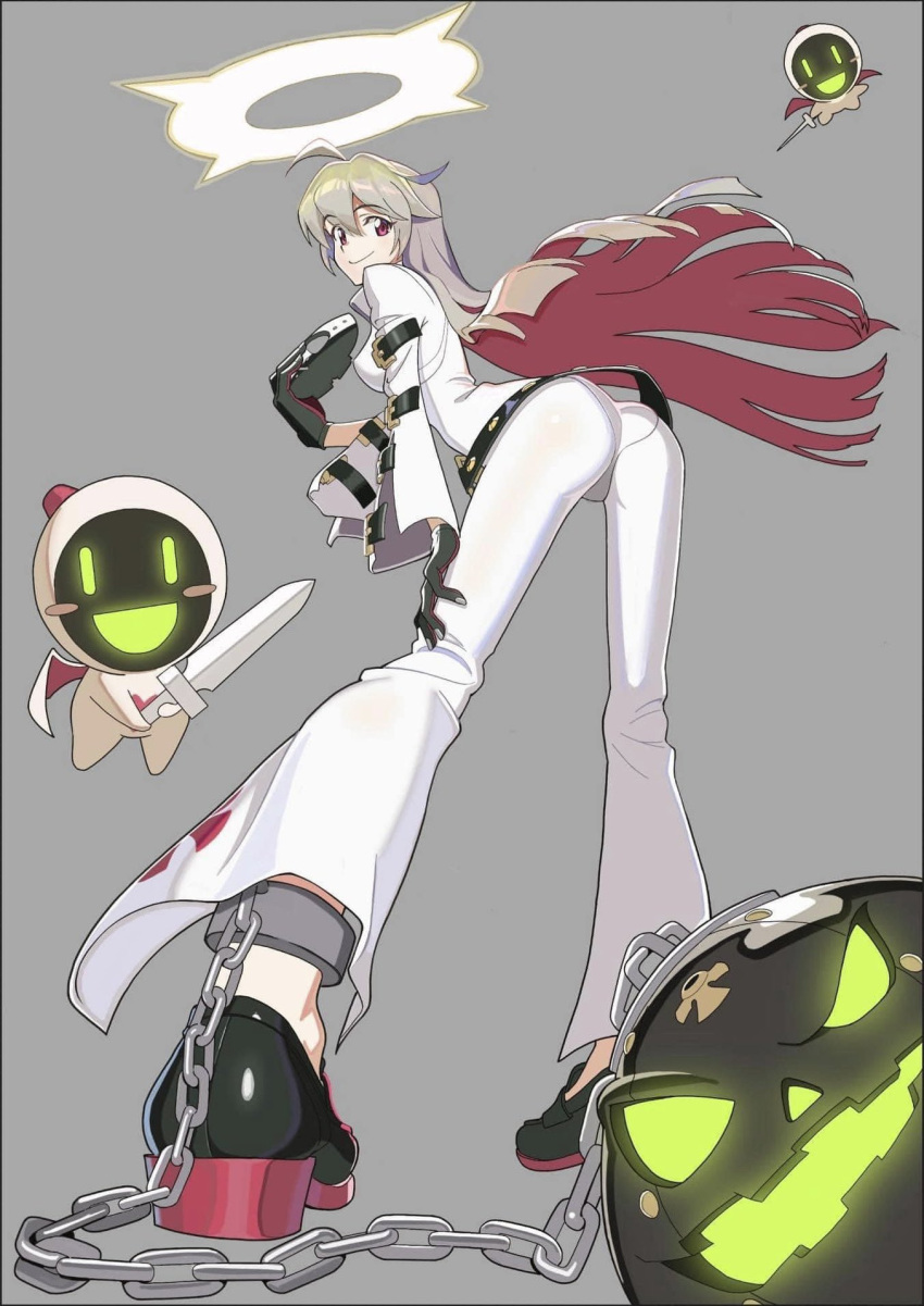 1girl ahoge ass ball_and_chain_restraint belt bodysuit chain closed_mouth eyebrows_visible_through_hair from_above full_body gloves grey_background guilty_gear guilty_gear_xrd hair_between_eyes halo high_heels highres holding holding_weapon jack-o'_valentine kazuma knight_servant lance lancer_servant looking_at_viewer looking_back loose_belt mask multicolored multicolored_clothes multicolored_gloves multicolored_hair polearm red_eyes simple_background smile solo standing sword weapon white_bodysuit wide_sleeves