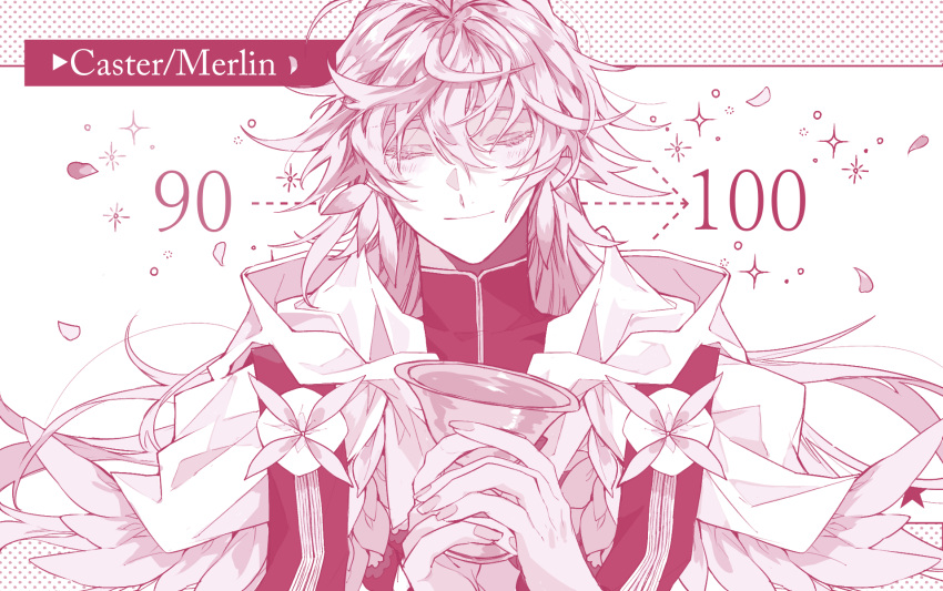 1boy arrow_(symbol) character_name closed_eyes closed_mouth facing_viewer fate/grand_order fate_(series) fingernails gameplay_mechanics highres holding holy_grail_(fate) long_hair male_focus merlin_(fate) messy_hair mizuki_(mz) monochrome pink_theme robe smile solo upper_body