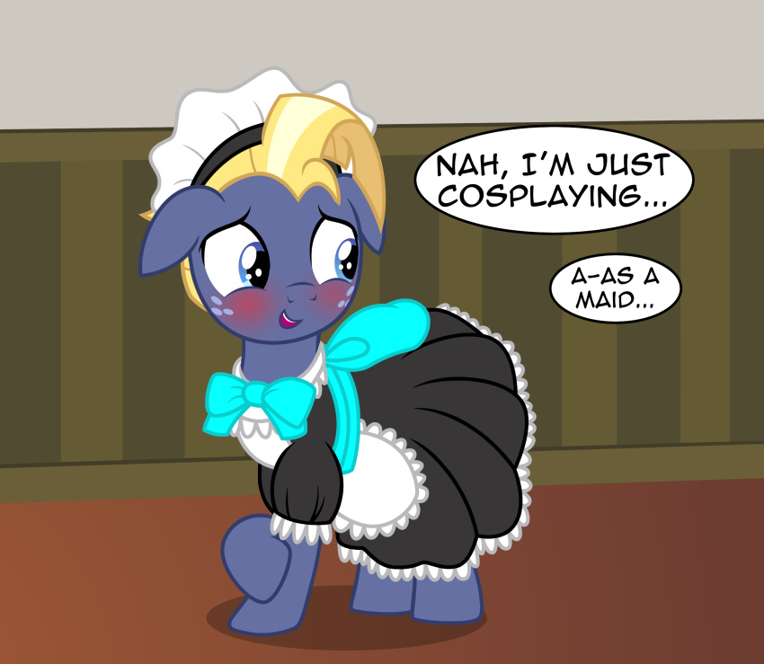 badumsquish blonde_hair blue_eyes blush bow clothed clothing cosplay crossdressing crossplay cutie_mark dialogue embarrassed english_text equid equine freckles friendship_is_magic hair hi_res horse inside looking_at_viewer looking_away maid_apron maid_hat maid_headband maid_headdress maid_uniform male mammal my_little_pony pony pose shy solo star_tracker_(mlp) text uniform