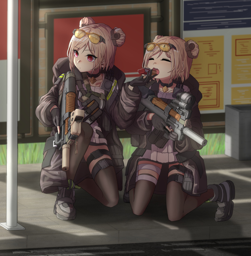 2girls absurdres black_choker black_coat black_gloves black_legwear brown_hair bullpup choker closed_eyes coat collarbone colored_lenses commission double_bun dummy eating eyebrows_visible_through_hair eyewear_on_head girls_frontline gloves gun highres holding holding_gun holding_weapon kneeling llpfmfc long_sleeves multiple_girls mundane_utility open_clothes open_coat open_mouth orange-tinted_eyewear p90 p90_(girls_frontline) partially_fingerless_gloves red_eyes short_hair skeb_commission snack submachine_gun sunglasses tactical_clothes thighhighs tinted_eyewear trigger_discipline weapon