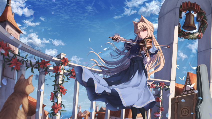 amane_utata animal animal_ears bell bird brown_hair building cat clouds flowers instrument long_hair original red_eyes sky violin