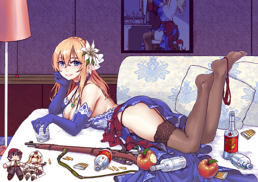 1girl absurdres apple black_legwear blonde_hair blue_dress blue_eyes blue_gloves bolt_action bottle breasts bullet clip_(weapon) dress elbow_gloves feet_up flower food fruit garter_belt girls_frontline gloves gun hair_flower hair_ornament highres jewelry long_hair lying medium_breasts mosin-nagant mosin-nagant_(girls_frontline) necklace on_stomach panties panties_removed red_panties rifle sleeveless sleeveless_dress solo the_pose thighhighs underwear weapon white_flower z.s.w.