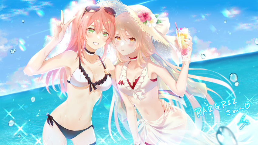 2girls bikini blonde_hair blue_sky blush breasts cleavage closed_mouth cup eyebrows_visible_through_hair eyewear_on_head fingernails flower_hat girls_frontline green_eyes hand_on_hip hand_up hat highres holding holding_cup hug long_hair looking_at_viewer medium_breasts multiple_girls navel ocean open_mouth ots-14_(girls_frontline) pink_hair r93_(girls_frontline) red_bikini simple_background sky smile sui_(camellia) sun_hat swimsuit swimwear water white_bikini yellow_eyes