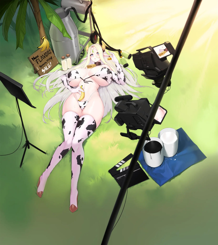 1girl animal_print banana bell bikini blonde_hair blue_eyes boots breasts camera cerestia_of_life circlet cleavage collar cow_horns cow_print cowbell ear_piercing ear_tag elbow_gloves elf english_text food fruit full_body gloves grass hair_between_eyes highres horns huge_breasts last_origin long_hair long_pointy_ears milk_churn neck_bell official_art piercing pointy_ears snowball22 solo swimsuit tachi-e tag thigh_boots thighhighs transparent_background tree very_long_hair