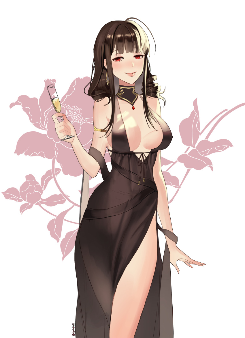 1girl absurdres artist_name blush breasts brown_dress brown_hair closed_mouth cup dress drill drinking_glass dsr-50_(girls_frontline) eyebrows_visible_through_hair girls_frontline highres holding holding_cup lips long_hair looking_at_viewer medium_breasts red_eyes simple_background smile sobi_(dnenqkswja) solo standing wine_glass