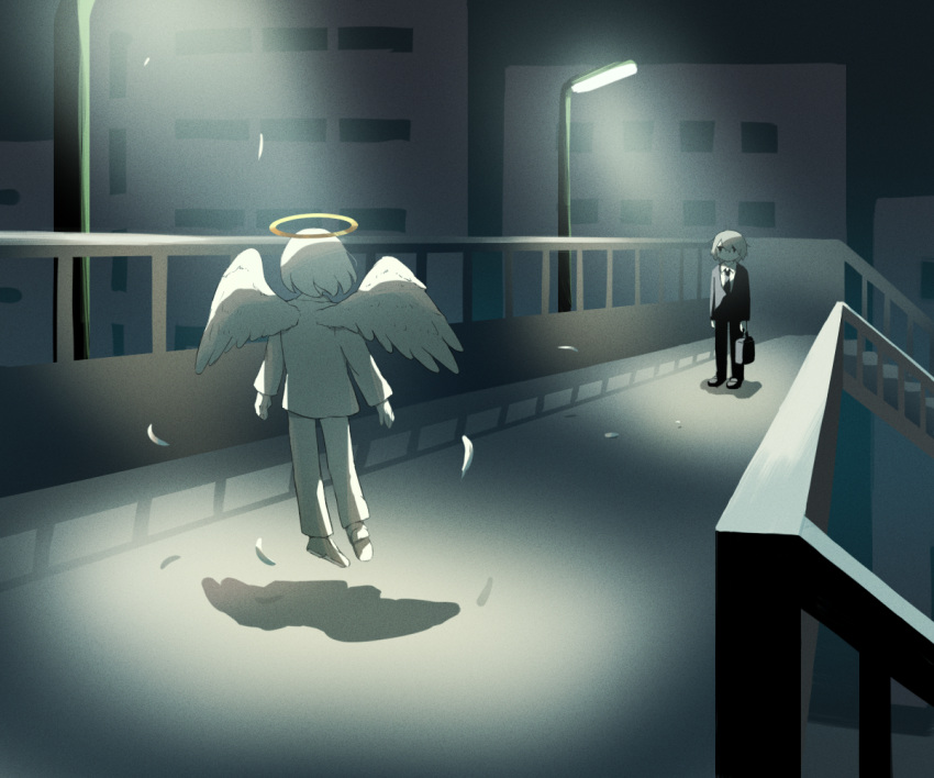 1boy 1other angel_wings avogado6 black_jacket black_pants business_suit colored_skin commentary_request feathered_wings floating formal from_behind grey_hair halo holding holding_suitcase jacket lamppost night original outdoors overpass pants shirt suit suitcase white_hair white_pants white_shirt white_skin white_wings wings