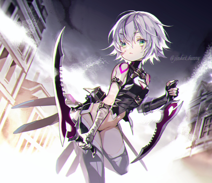 1girl bandaged_arm bandages black_gloves black_legwear black_panties building closed_mouth cowboy_shot dagger dual_wielding expressionless fate/apocrypha fate_(series) fingerless_gloves gloves green_eyes halterneck holding holding_dagger holding_weapon jack_the_ripper_(fate/apocrypha) koshika_rina looking_at_viewer navel outdoors panties reverse_grip scar scar_on_face shirt short_hair shoulder_tattoo single_glove sleeveless sleeveless_shirt solo standing standing_on_one_leg tattoo thighhighs twitter_username underwear weapon white_hair