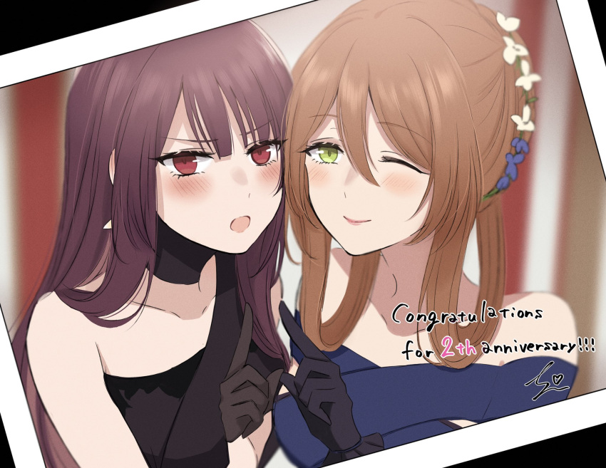 2girls bare_shoulders black_dress black_gloves blue_dress blush closed_mouth collarbone dress english_text eyebrows_visible_through_hair girls_frontline gloves green_eyes hair_ornament hairclip highres long_hair looking_at_viewer m1903_springfield_(girls_frontline) multiple_girls one_eye_closed open_mouth orange_hair polaroid purple_eyes purple_hair screen simple_background smile sui_(camellia) wa2000_(girls_frontline)