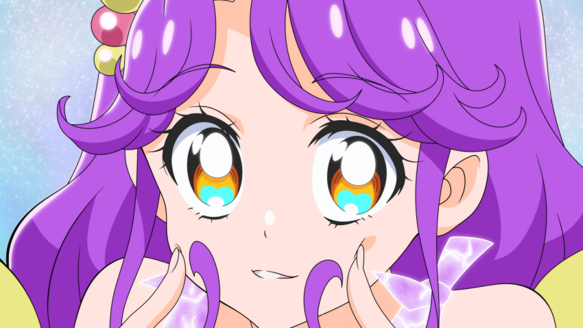 1girl aqua_eyes blue_background brown_eyes cheek_poking close-up cure_coral damascus_(dearigazu2001) derivative_work face heart heart_in_eye henshin highres long_hair looking_at_viewer multicolored multicolored_eyes poking precure purple_hair screencap_redraw sidelocks smile solo suzumura_sango symbol_in_eye tropical-rouge!_precure vector_trace