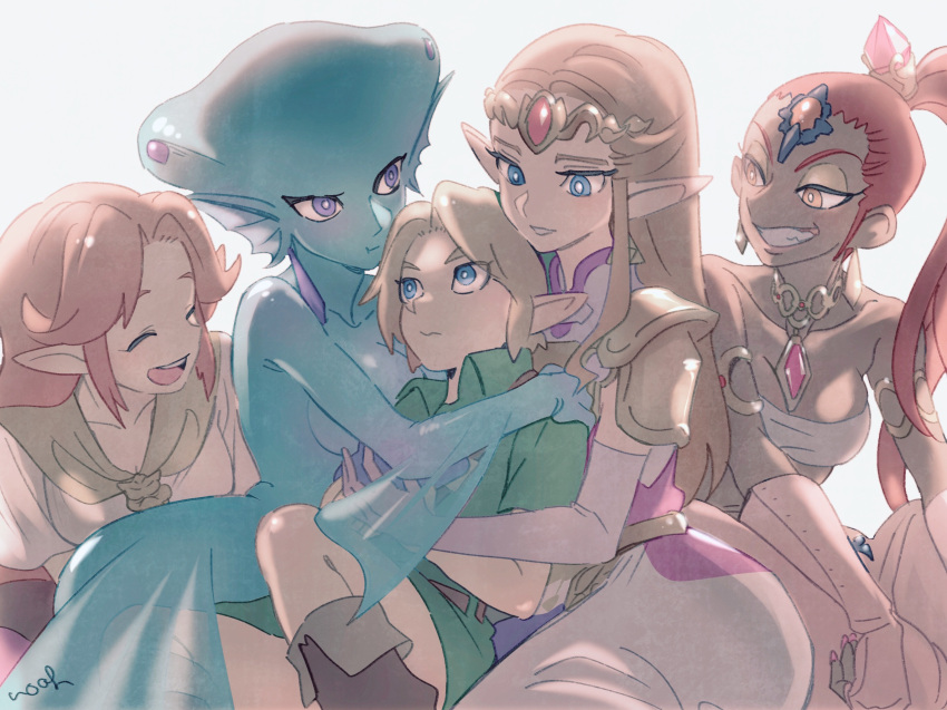 1boy 4girls age_difference blonde_hair blue_eyes blue_skin breasts brown_hair child cleavage colored_skin commentary_request dark_skin dark_skinned_female elbow_gloves fish_girl forehead_jewel gerudo gloves hair_ornament harem highres hug jewelry link long_hair looking_at_another malon multiple_girls nabooru necklace noaharbre pointy_ears ponytail princess_ruto princess_zelda purple_eyes red_hair simple_background the_legend_of_zelda the_legend_of_zelda:_ocarina_of_time tiara time_paradox yellow_eyes young_link zora