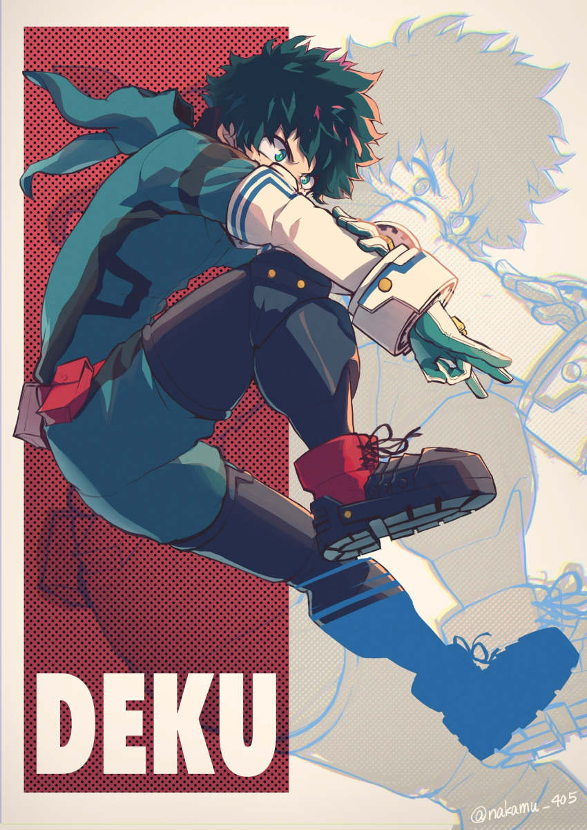1boy artist_name belt_pouch black_footwear boku_no_hero_academia boots character_name commentary_request covered_mouth cross-laced_footwear elbow_gloves freckles full_body furrowed_eyebrows gloves green_eyes green_hair green_jumpsuit halftone hand_on_own_arm highres hood hood_down jumpsuit knee_pads lace-up_boots leg_up long_sleeves male_focus midoriya_izuku nakamu_405 outstretched_arm pouch red_footwear short_hair solo w white_gloves zoom_layer