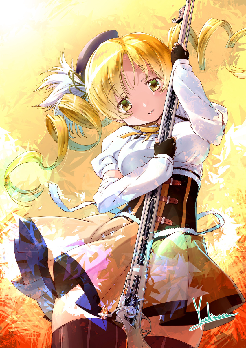 1girl absurdres artist_name beret black_legwear blonde_hair breasts corset detached_sleeves drill_hair from_below gun hat head_tilt highres long_hair looking_at_viewer magical_girl magical_musket mahou_shoujo_madoka_magica medium_breasts smile solo tan_skirt thighhighs thighs tomoe_mami weapon yellow_eyes yoshinaga_masahiro zettai_ryouiki