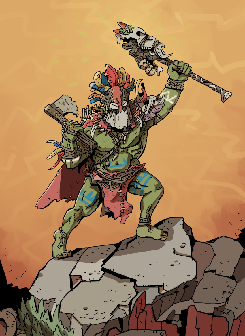 1boy absurdres animal_skull axe barefoot cape colored_skin commentary_request effigy feathers full_body green_skin hatchet highres ho-uja korean_commentary loincloth male_focus mask no_humans orange_background orange_sky orc outdoors red_cape shaman skull sky solo spikes staff standing stone tattoo tribal tribal_tattoo war_paint warhammer_fantasy wurrzag_da_prophet
