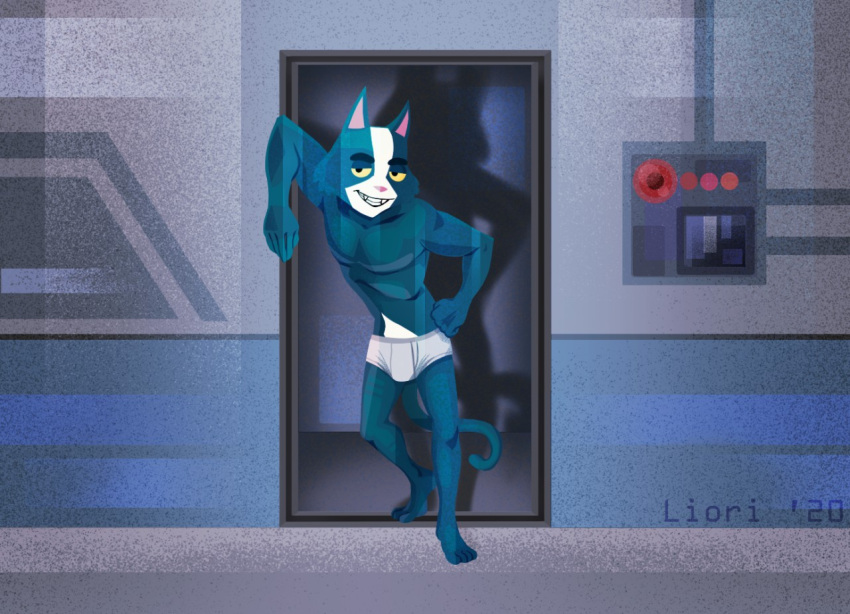 anthro avocato barefoot blue_body blue_fur briefs bulge clothed clothing domestic_cat feet felid feline felis final_space fur grey_clothing grey_underwear hand_on_hip male mammal open_mouth pink_nose redo_(artist) smile solo teeth_showing tighty_whities topless underwear white_body white_clothing white_fur white_underwear yellow_sclera