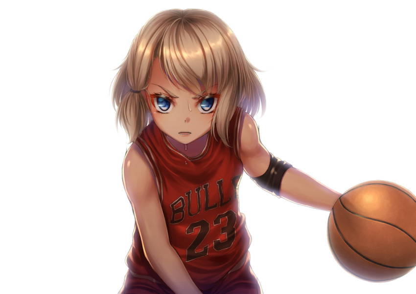 1girl azur_lane basketball basketball_uniform blonde_hair blue_eyes chicago_bulls cowboy_shot looking_at_viewer michael_jordan name_conscious national_basketball_association simple_background sportswear white_background yakkuro z23_(azur_lane)