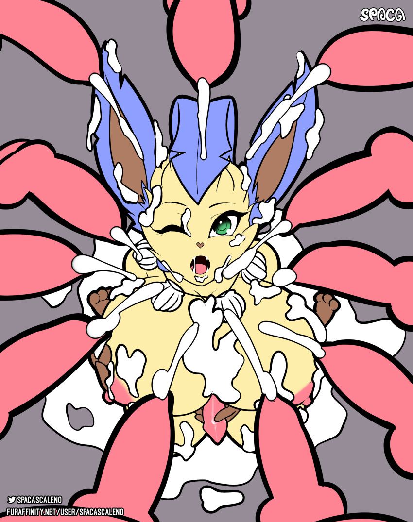 absurd_res alternate_color animal_genitalia animal_penis anthro bodily_fluids breasts bukkake canine_penis cum cum_on_face digital_media_(artwork) eeveelution erection genital_fluids genitals group group_sex hi_res knot leafeon male mammal nintendo nipples nude penis pok&eacute;mon pok&eacute;mon_(species) rain_(purplebird) sex simple_background spaca text tongue video_games